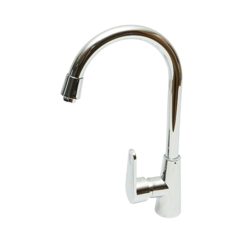 Miscelatore monocomando per lavello cucina con bocca alta girevole a forma di U, finitura cromata lucida, acciaio inox, flessibili inclusi.