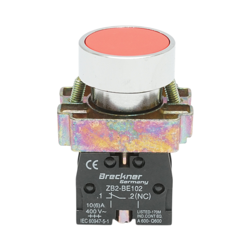 Pulsante in metallo rosso con ritorno 1NC, 400V/10A, LAY5 Breckner Germany