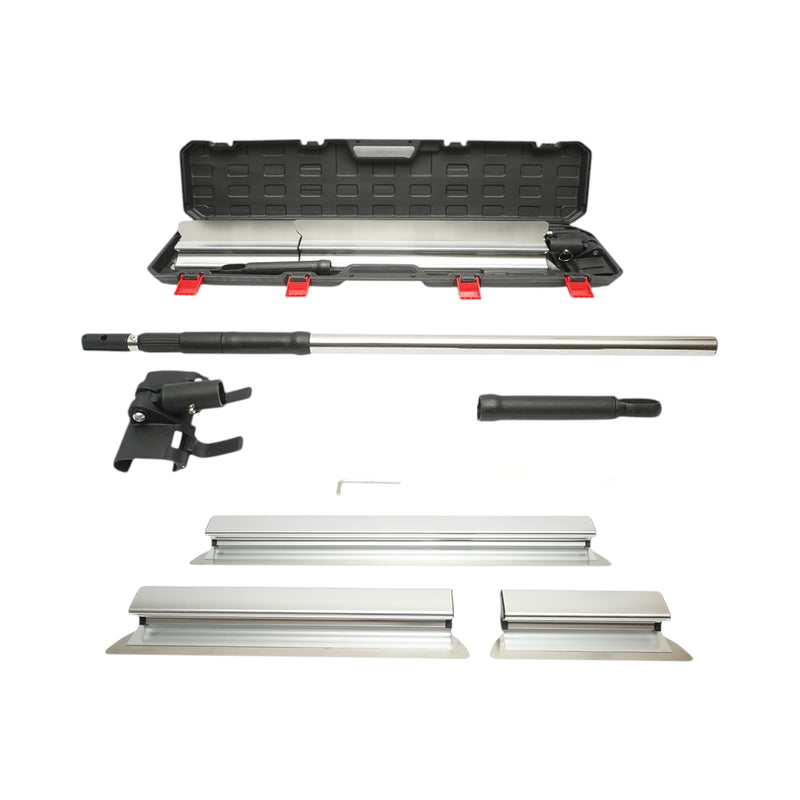 Set di 3 spatole professionali in acciaio inox per rasatura (30/55/100 cm) e supporto con manico telescopico da 85–200 cm.