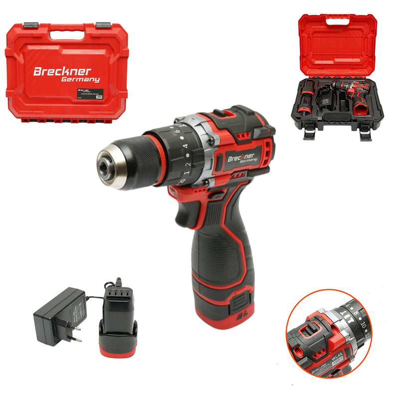 Trapano avvitatore a percussione a batteria da 320 W, due batterie agli ioni di litio da 16,8 V e 1,5 Ah, LED, motore brushless, 50 Nm, mandrino da 10 mm, 0-500/1500 giri/min Breckner Germany