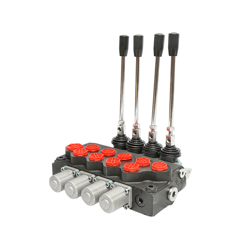 Distributore idraulico a 4 leve, valvola di sicurezza SD11, portata 80L/min, leva e riduzione -15 /+80 Breckner Germany