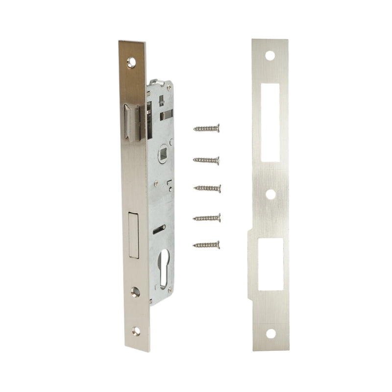 Serratura da infilare con scrocco, 43x174 mm; frontale 23x240 mm; finitura nichel satinato; viti incluse.