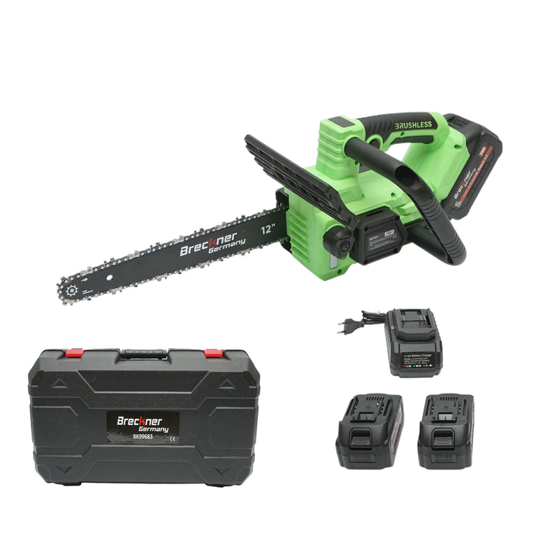 Motosega elettrica professionale con due batterie agli ioni di litio da 20 V e 4 Ah, motore brushless, display digitale a LED e barra da 12 pollici (300 mm). Breckner Germany