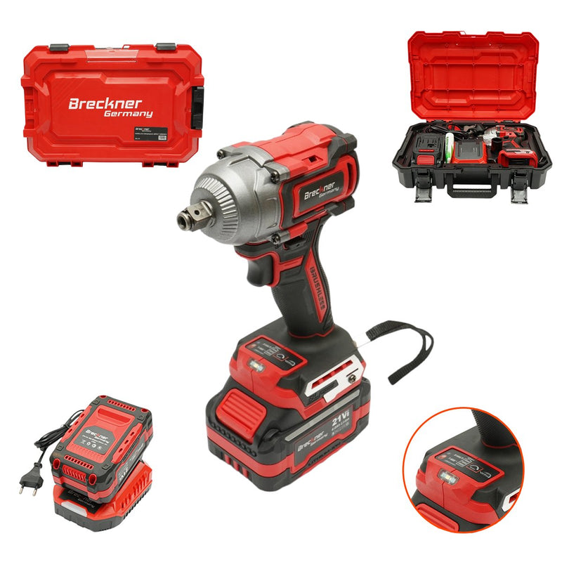 Avvitatore a impulsi da 1/2" e 500 W, due batterie agli ioni di litio da 21 V e 4 Ah, LED, motore brushless, 450 Nm, 0-1800/2400 giri/min Breckner Germany
