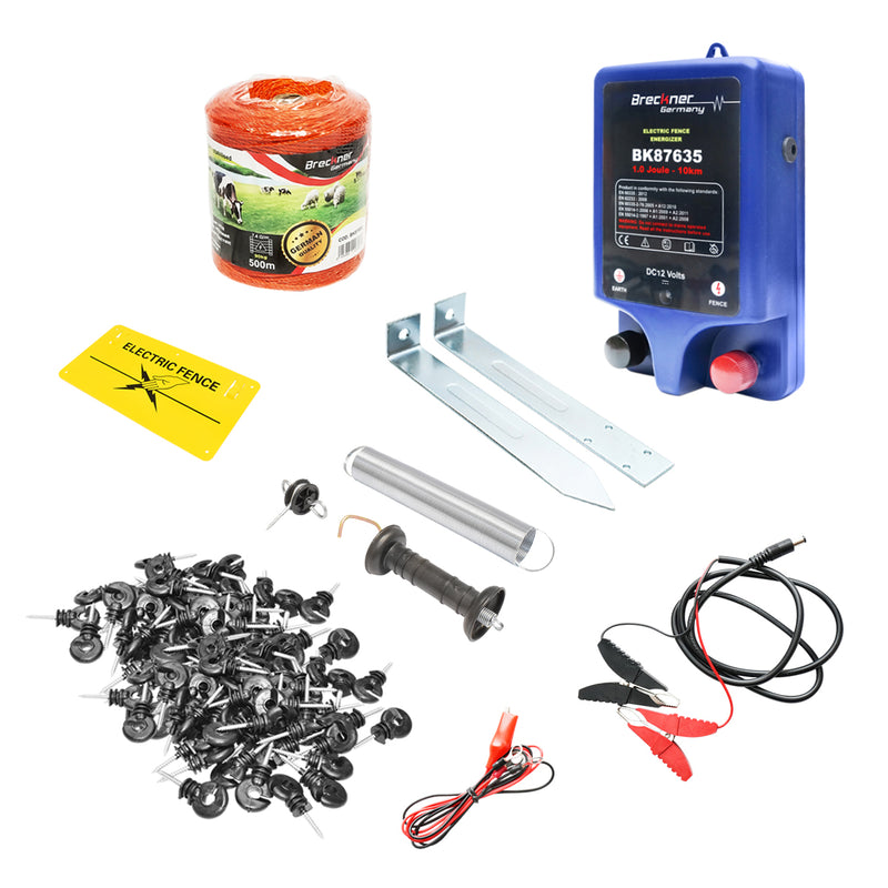 Kit completo per recinzione elettrica a 12V: 1 Joule, 500 m di filo, 100 isolatori, 2 maniglie per cancello, cartello di avviso. Breckner Germany