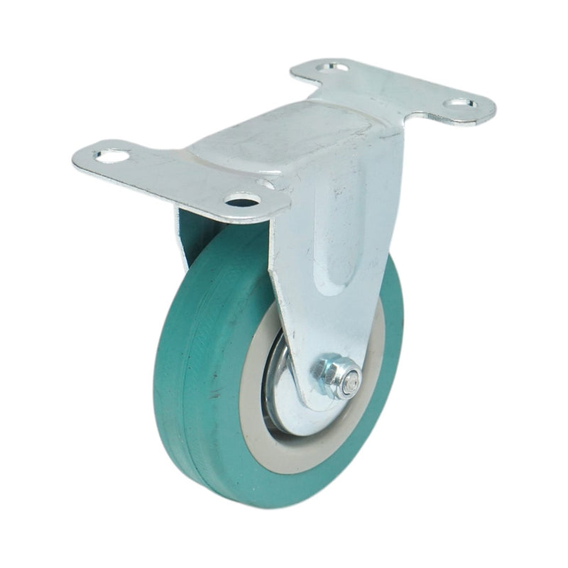 Ruota fissa 75x21 mm senza freno, gomma piena blu, piastra in acciaio 100x59 mm, portata 45 kg