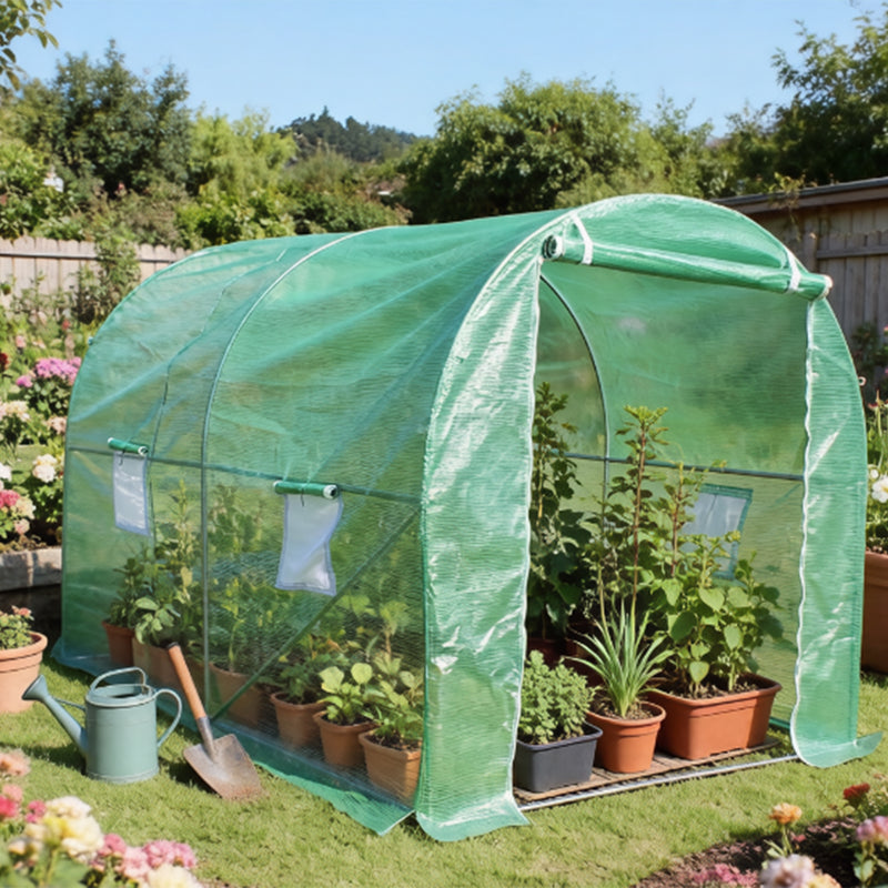 Serra da giardino 200×200×200 cm, telo verde in PE con rete 140 g/m² anti-UV, 1 porta, 4 finestre, tubo in acciaio zincato 19 mm THOR