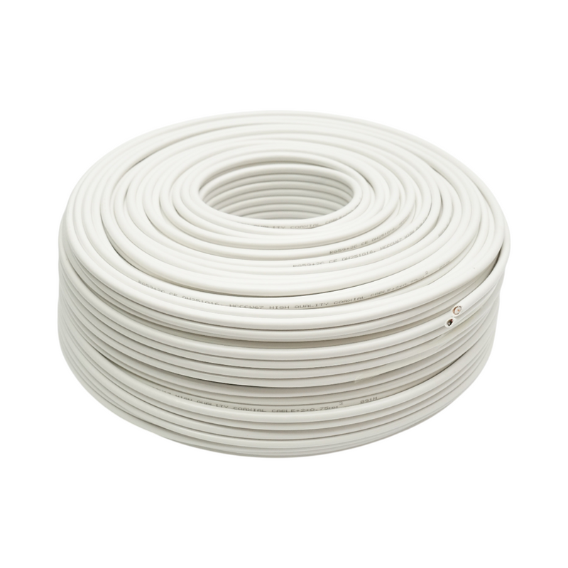Cavo coassiale RG59 per videosorveglianza, con conduttori in rame siamese + alimentazione, 2x0,75 mm CCA, 75 Ohm, PVC bianco, 100 m/rotolo