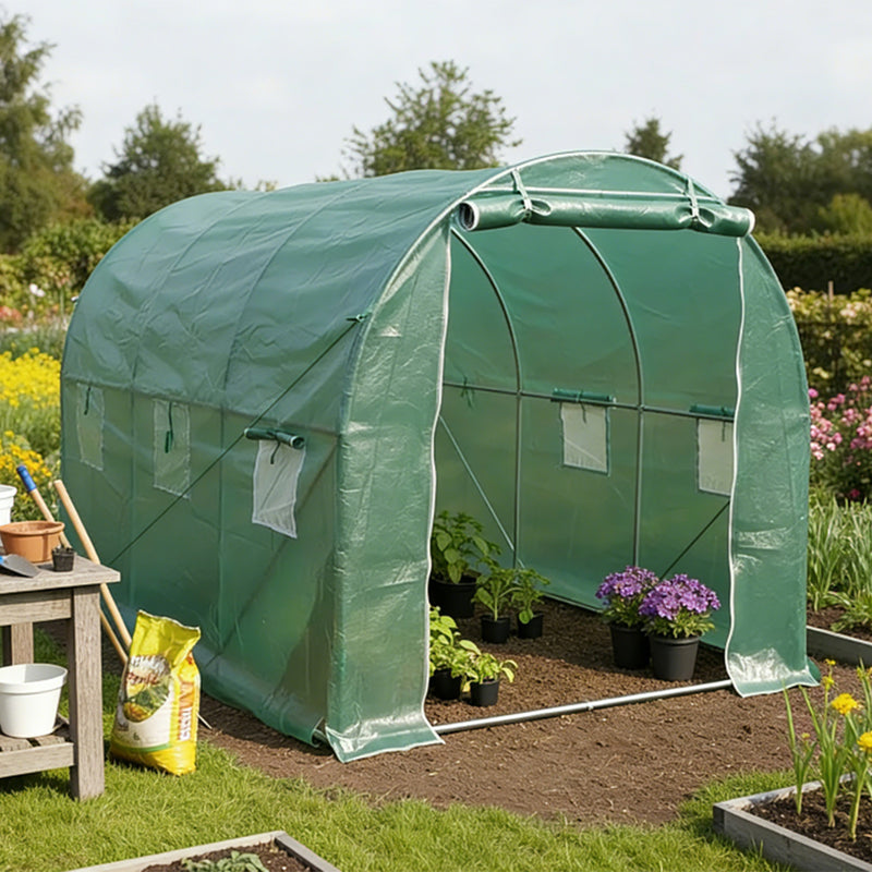 Serra da giardino 300×200×200 cm, telo verde in PE con rete 140 g/m² anti-UV, 1 porta, 6 finestre, tubo in acciaio zincato 19 mm THOR