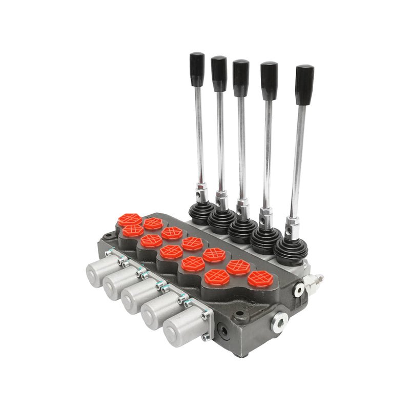 Distributore idraulico a 5 leve, con valvola di sicurezza SD11, portata 80 L/min, leva e riduzione -15/+80. Breckner Germany