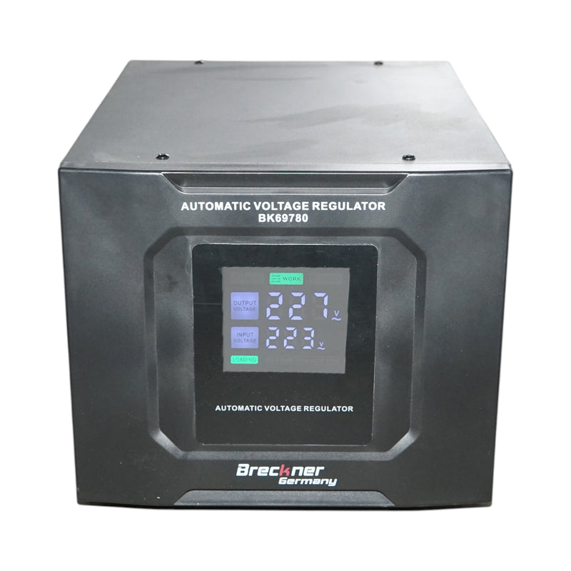 Stabilizzatore di tensione automatico da 10 kVA, 8000 W, 140–250 VAC; monofase a relè, con bypass, connessione a morsettiera e display LCD. Breckner Germany