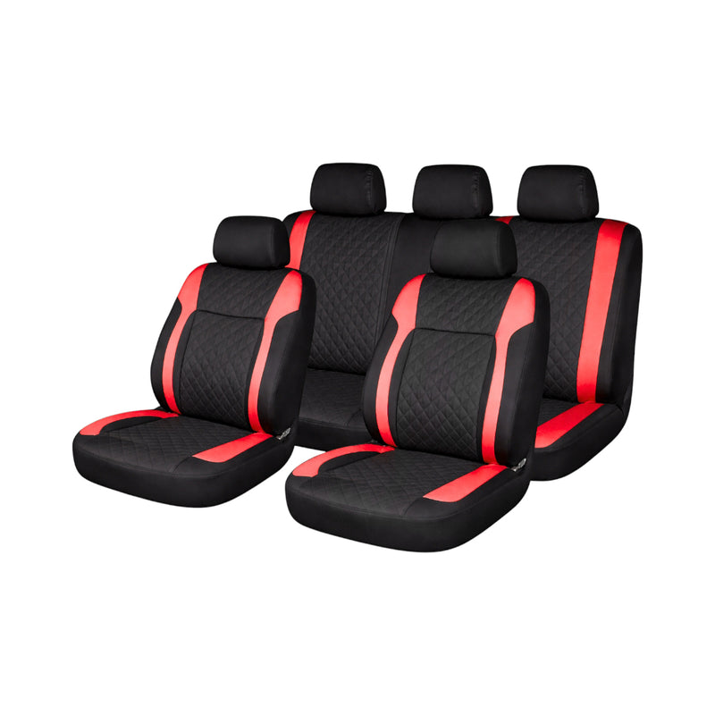 Set coprisedili auto universali Diamond nero-rosso, pelle ecologica trapuntata 9 pezzi