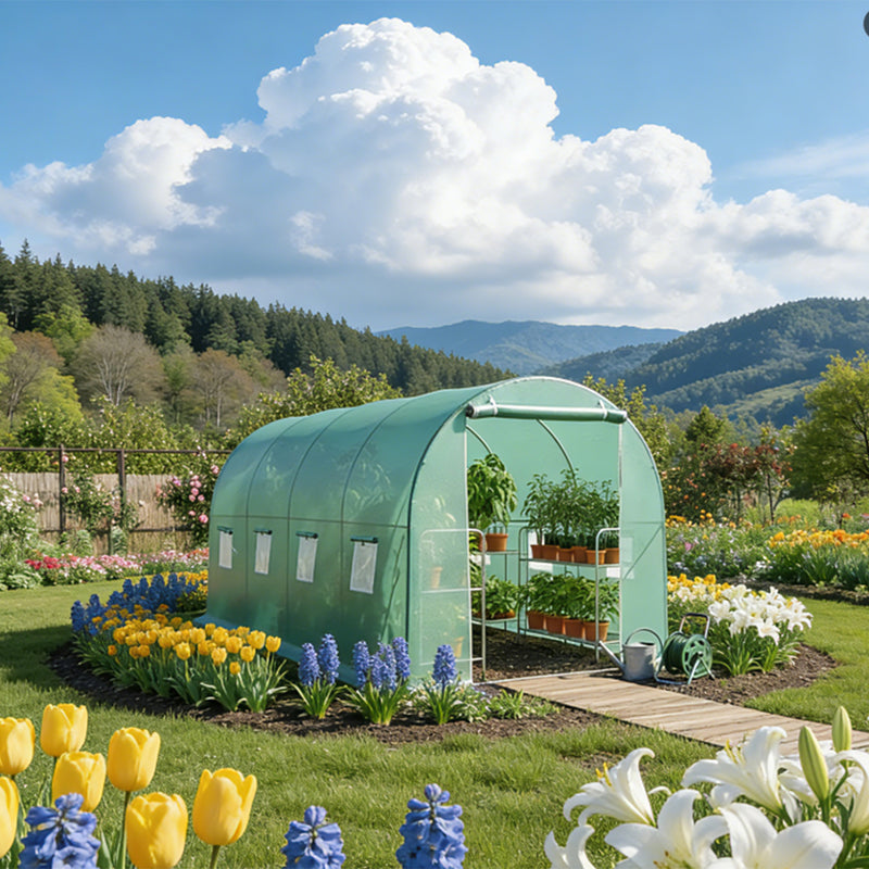 Serra da giardino 400×300×200 cm, telo verde in PE con rete 140 g/m² anti-UV, 1 porta, 8 finestre, tubo in acciaio zincato 19 mm THOR