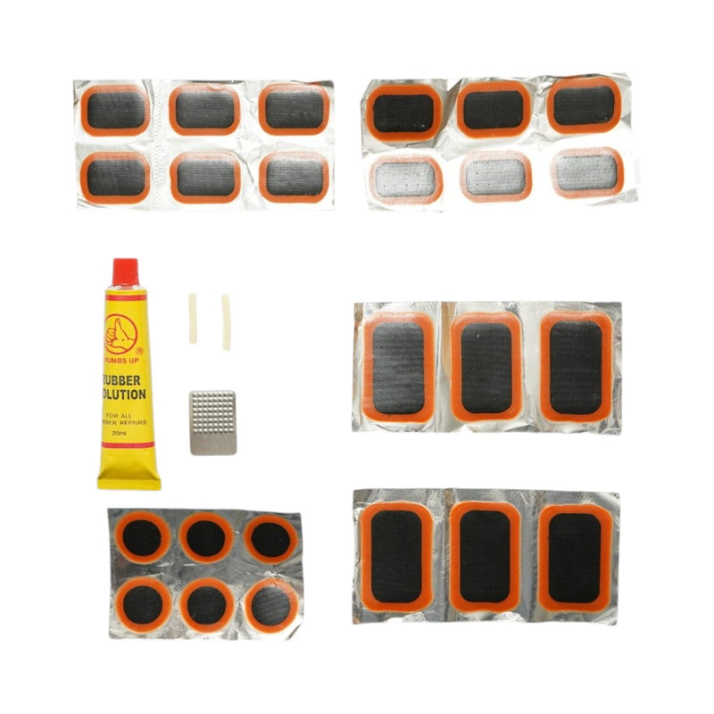 Set di 24 toppe per la vulcanizzazione di pneumatici e camere d'aria (24x35 mm, 25 mm, 32x50 mm) + 1 tubetto di adesivo (20 ml)