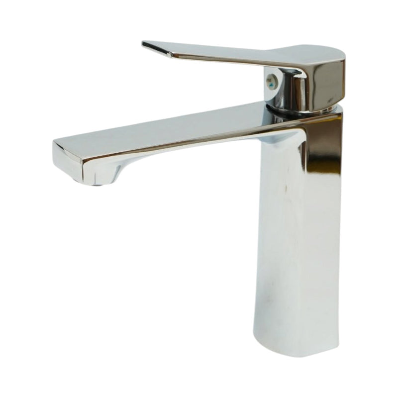 Miscelatore alto a base quadrata per lavabo, monocomando, finitura cromo lucido, acciaio inox, flessibili inclusi