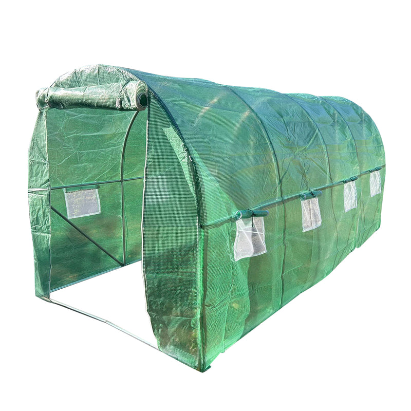 Serra da giardino 400×300×200 cm con sistema di irrigazione, telo verde in PE con rete 140 g/m² anti-UV, 8 finestre, 2 porte, tubo in acciaio zincato 25 mm THOR