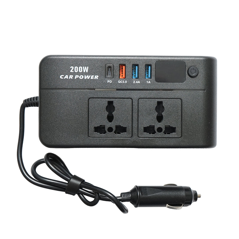 Inverter di potenza 12V-220V da 200W, onda sinusoidale modificata, porte USB e USB-C, doppia uscita AC