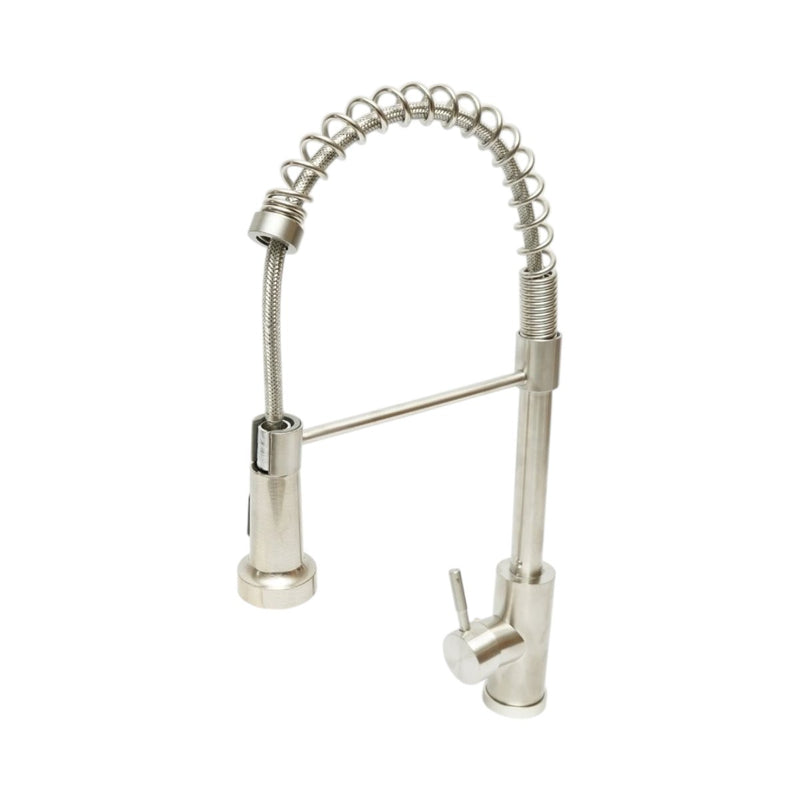 Rubinetto per lavello cucina con doccetta estraibile, molla flessibile, aeratore a due funzioni, finitura in acciaio inox satinato, lega di zinco, tubi di collegamento inclusi.