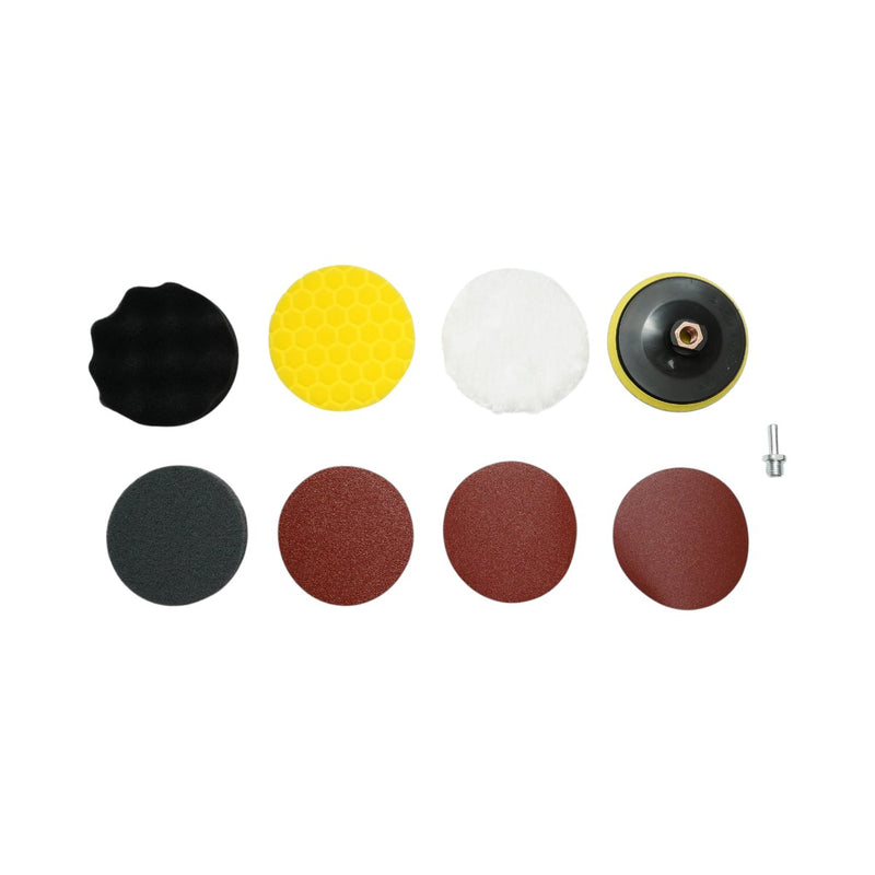Set da 9 pezzi da 125 mm con attacco a velcro per levigatura e lucidatura: spugne per lucidatura, tampone in lana, tampone abrasivo, dischi abrasivi (P80, P120, P180) e adattatore M14 per smerigliatrici angolari e trapani. Breckner Germany