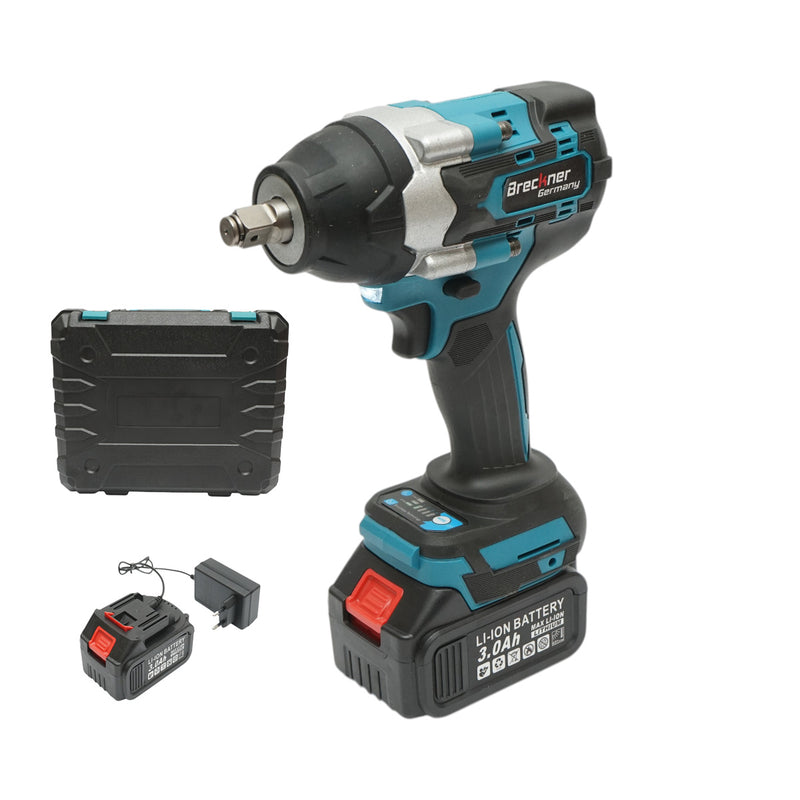 Avvitatore a impulsi da 1/2", due batterie agli ioni di litio da 21 V e 3 Ah, LED, coppia di 800 Nm, motore brushless Breckner Germany