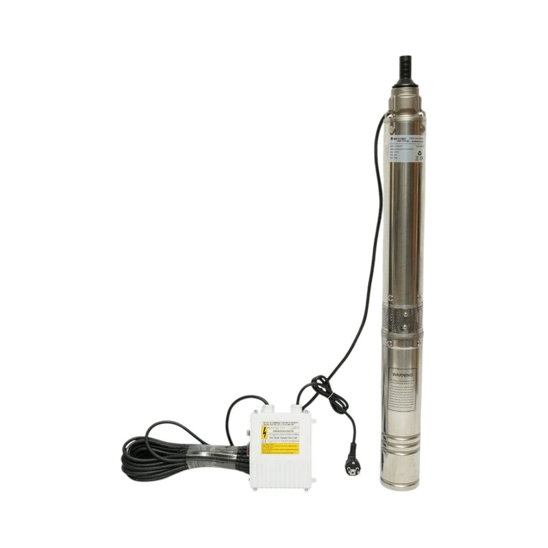 Pompa sommersa per acqua in acciaio inox, 1,5 kW, 220 V, Ø100 mm, portata 5 m³/h, prevalenza 60 m, 9 giranti in ceramica, raffreddamento a olio, quadro di controllo K90QJD2-60/9-1.5 Breckner Germany