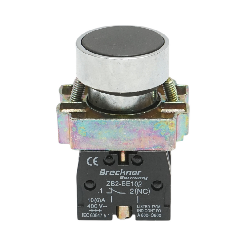 Pulsante in metallo nero con ritorno 1NO+1NC, 400V/10A, LAY5 Breckner Germany