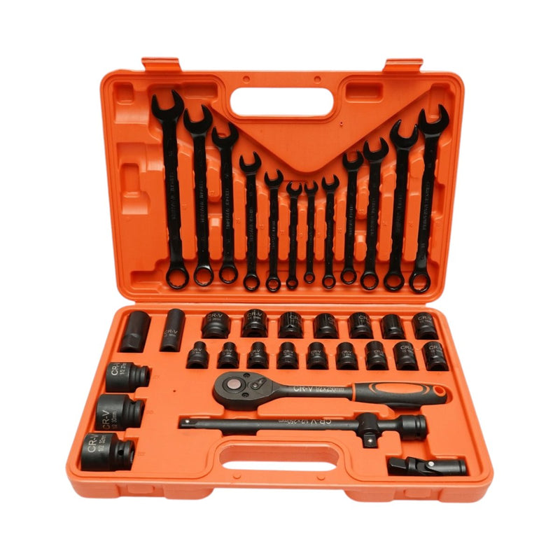 Set da 37 pezzi con bussole da 1/2" in acciaio al cromo-vanadio (8–32 mm) e chiavi combinate (6–19 mm), comprensivo di cricchetto, prolunga a T da 250 mm e snodo cardanico. Breckner Germany
