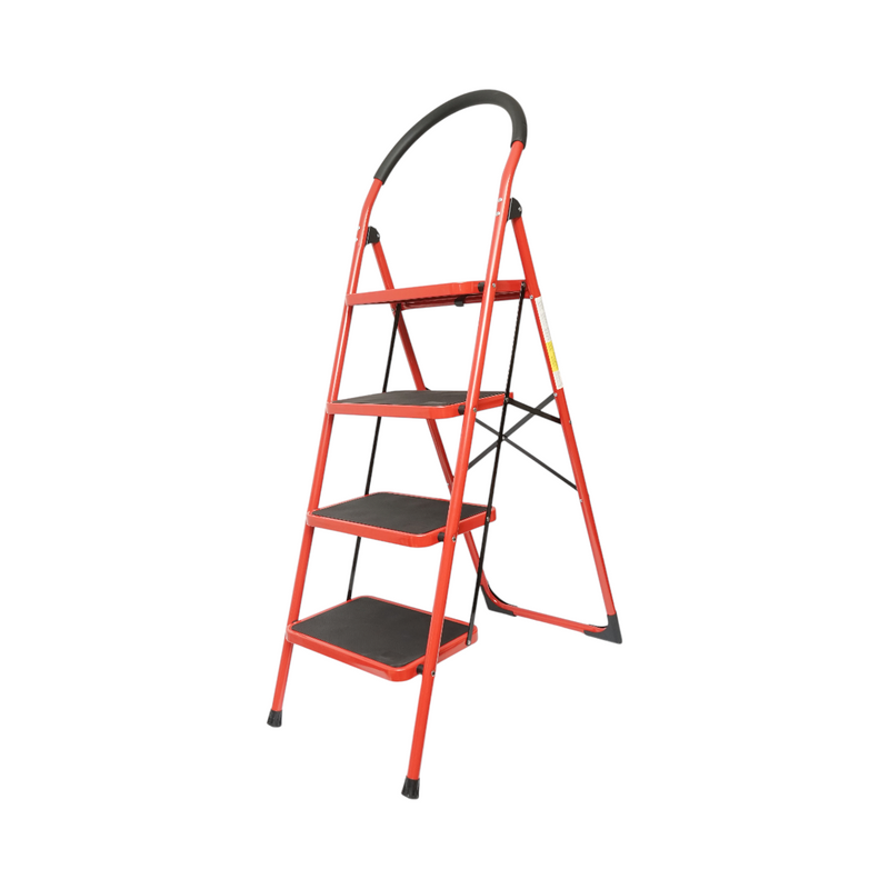 Scala pieghevole in acciaio a 4 gradini di colore rosso, con gradini antiscivolo, altezza 141 cm e portata massima di 150 kg. Breckner Germany