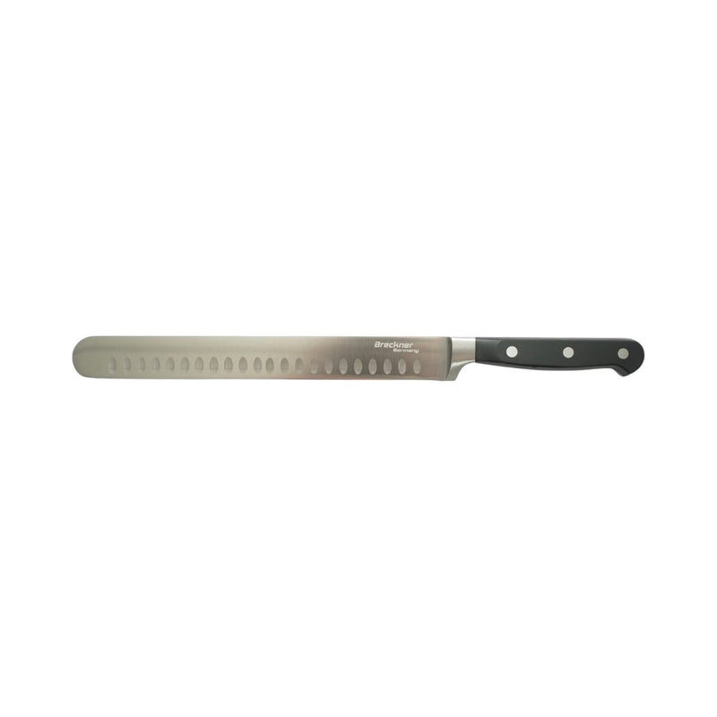 Coltello professionale per affettare da 25 cm, lama in acciaio 5Cr15MoV con filo alveolato, manico in ABS nero. Breckner Germany