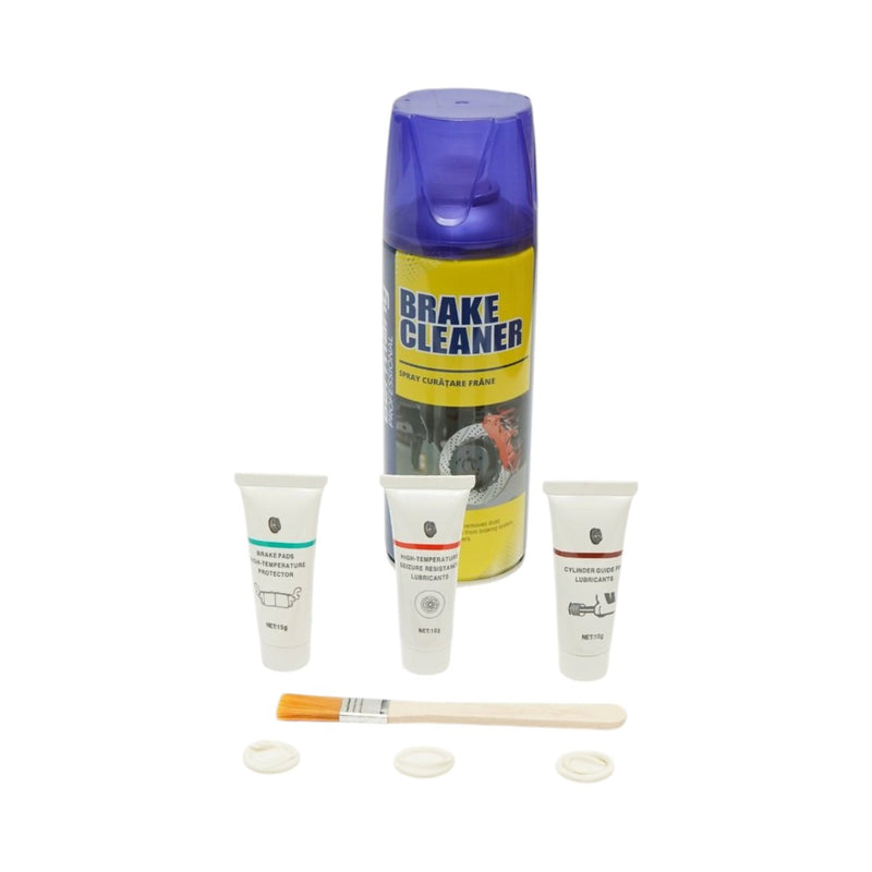 Kit manutenzione sistema frenante con spray pulitore freni, pasta antigrippante, lubrificante per alte temperature e grasso per pinze freno. Breckner Germany