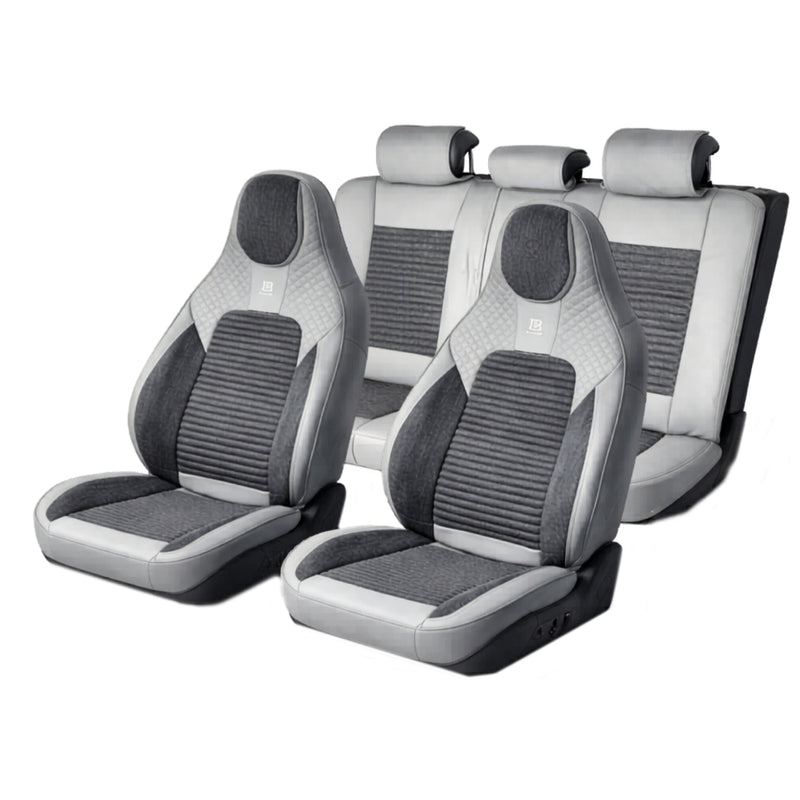 Set coprisedili auto universali premium grigio crema, design ergonomico sportivo, pelle ecologica con inserti tessili, 11 pezzi