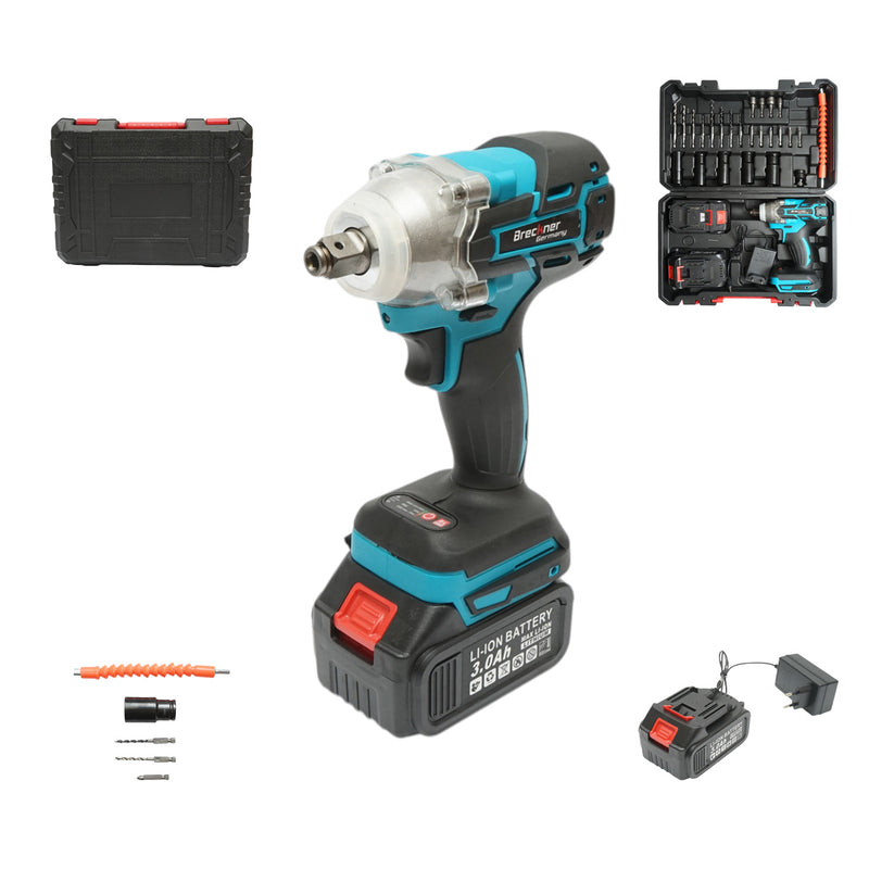 Avvitatore a impulsi da 1/2", due batterie agli ioni di litio da 21 V e 3 Ah, luce LED, motore brushless, coppia di 400 Nm; include bussole, punte da trapano e inserti per avvitatore (set da 31 pezzi) Breckner Germany