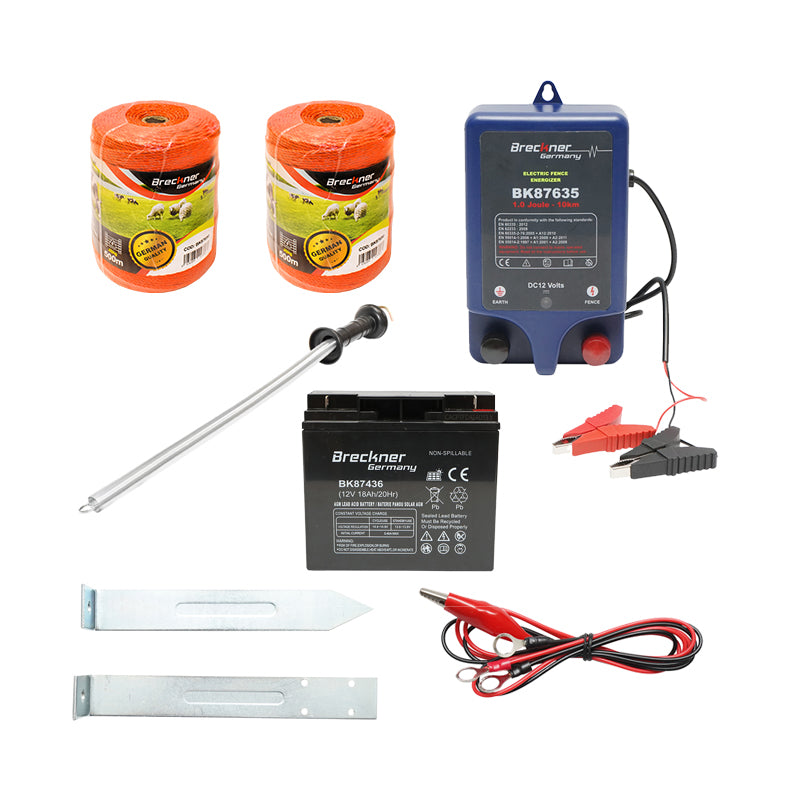 Kit completo per recinzione elettrica a 12V: elettrificatore da 1 Joule, batteria da 12V/17 Ah, filo da 1000 m, 100 isolatori, kit per cancello. Breckner Germany