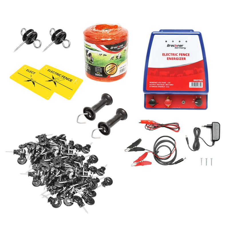 Kit completo per recinzione elettrica 12/220V, 3,5 Joule, filo da 500 m, 50 isolatori e cartelli di avviso. Breckner Germany