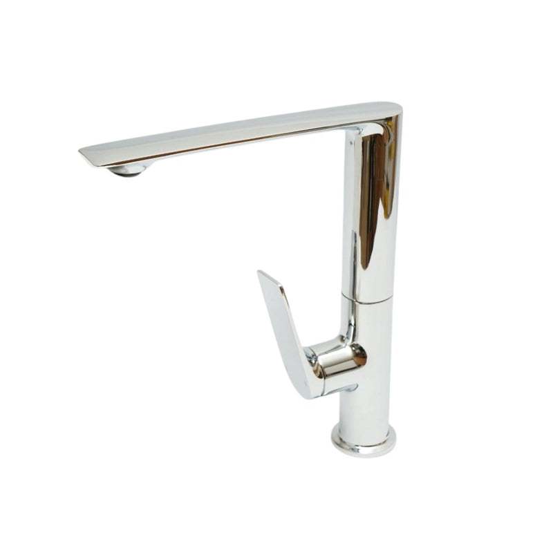 Miscelatore alto di alta gamma per lavabo da bagno in rame, con bocca girevole lunga, design arrotondato, monocomando, finitura cromata lucida e flessibili inclusi.
