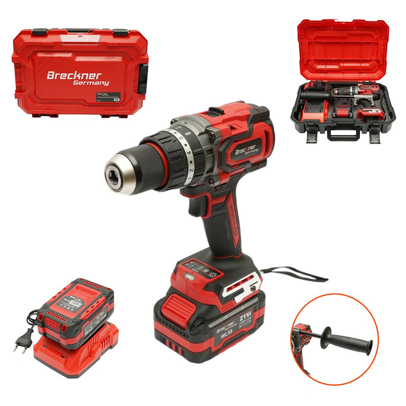 Trapano avvitatore a percussione brushless da 1000 W, due batterie agli ioni di litio da 21 V e 4 Ah, LED, 180 Nm, mandrino da 13 mm, 0-500/2000 giri/min, impugnatura antivibrazione Breckner Germany
