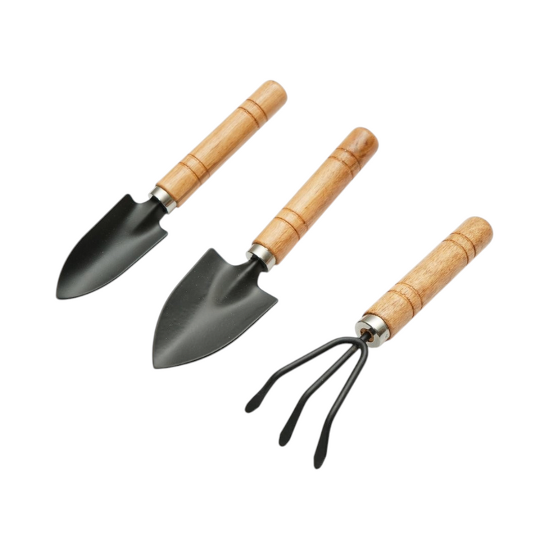 Set di 3 attrezzi da giardinaggio con paletta, trapiantatore, coltivatore e manici in legno. Breckner Germany