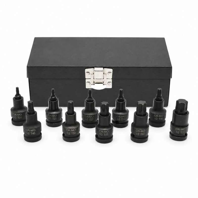 Set da 10 pezzi di bussole con inserto Torx a impatto corte (T20–T70), attacco da 1/2", in acciaio al cromo-molibdeno (Cr-Mo) Breckner Germany