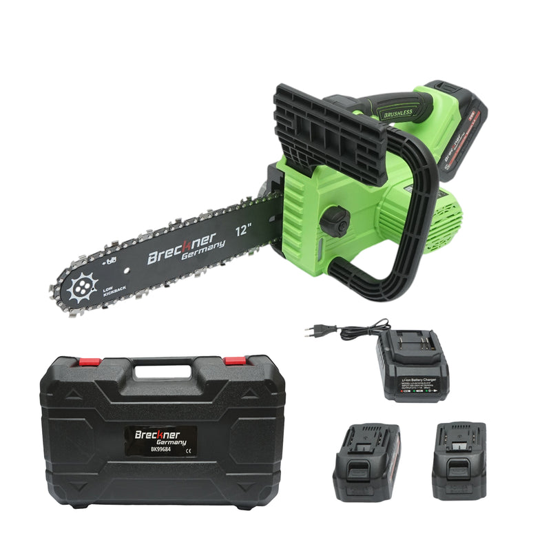 Motosega elettrica professionale con due batterie agli ioni di litio da 20 V e 4 Ah, motore brushless, display digitale a LED e barra da 12 pollici (300 mm). Breckner Germany