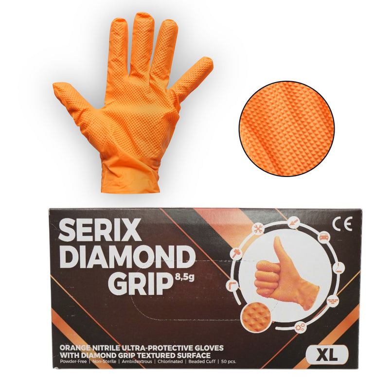 Guanti in nitrile arancione senza polvere con texture a diamante, taglia XL, 50 pezzi/scatola