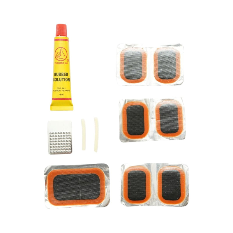 Set di 12 toppe vulcanizzanti per camere d'aria di biciclette, moto, carriole e tuk-tuk (24x35 mm, 32x50 mm) + 1 tubetto di adesivo da 8 ml.