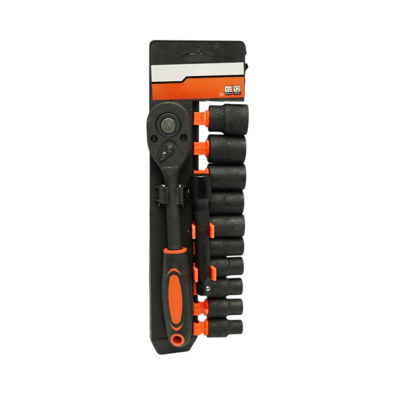 Set di 12 bussole con attacco da 1/2" (10–24 mm), completo di prolunga da 125 mm e chiave a cricchetto; in acciaio al cromo-vanadio (Cr-V). Breckner Germany