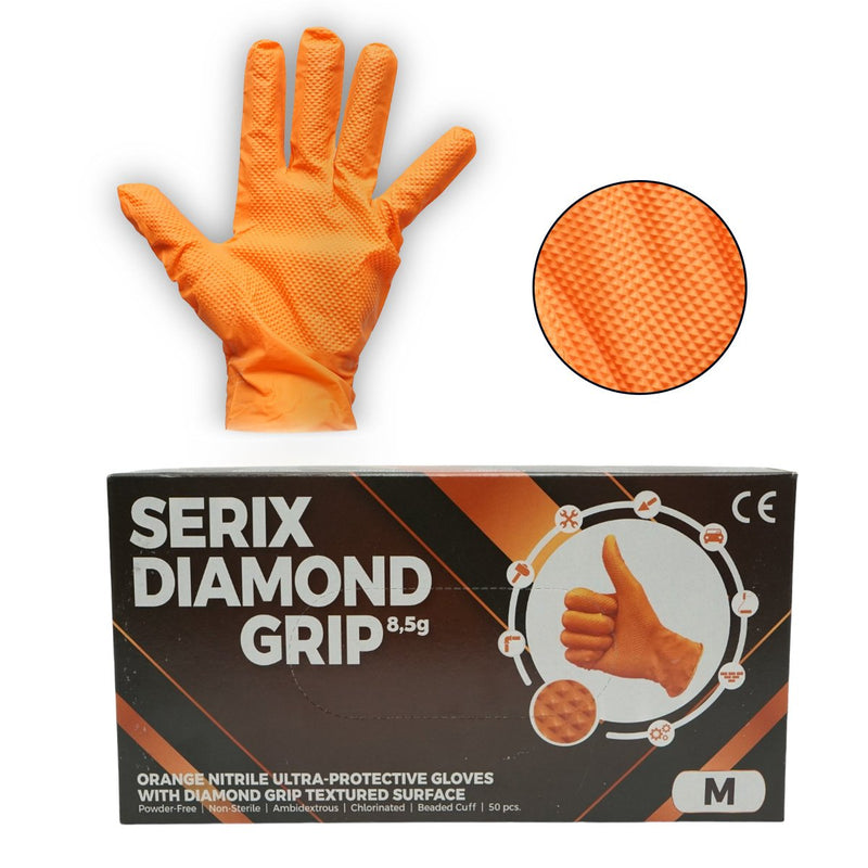 Guanti in nitrile arancioni senza polvere con texture a grip diamantato, taglia M, 50 pezzi/scatola