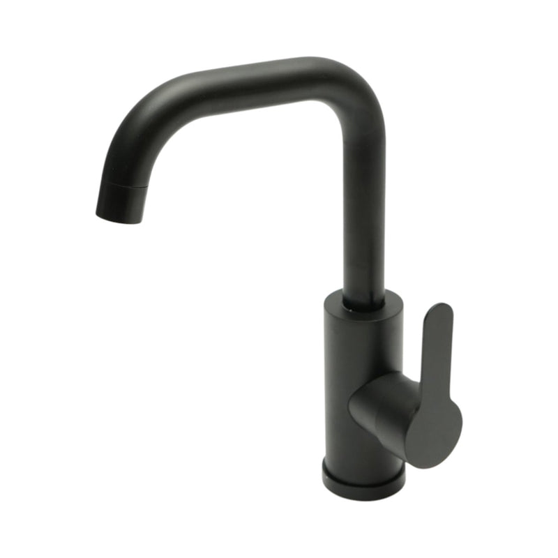 Rubinetto per lavello cucina nero opaco con bocca girevole a U, monocomando, in lega di zinco, flessibili inclusi.