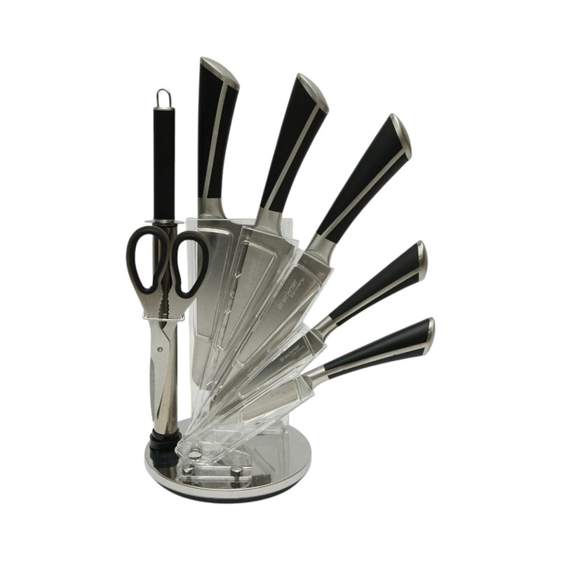 Set di coltelli da cucina da 8 pezzi con supporto girevole in acrilico, forbici e acciaino; lame in acciaio 3Cr13, manici in acciaio 18/0 nero. Breckner Germany
