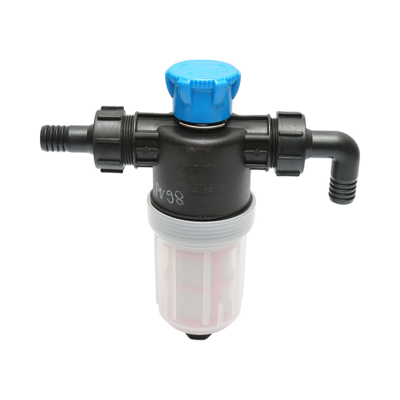 Filtro trasparente per irroratrice con doppia rete e valvola autopulente, attacco da 25 mm.