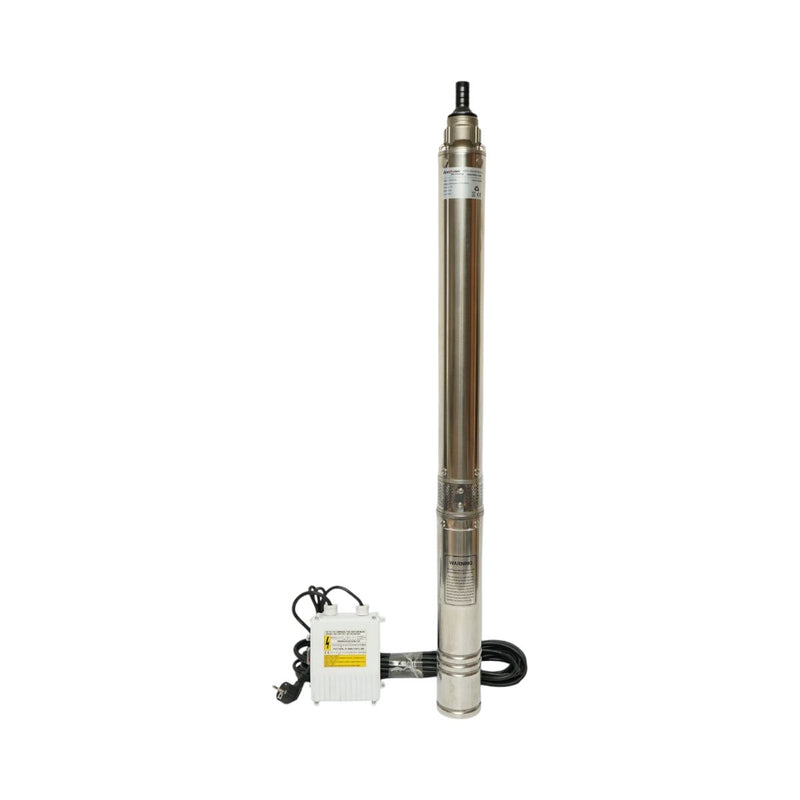 Pompa sommersa per acqua in acciaio inox, 2,2 kW, 220 V, Ø100 mm, portata 6 m³/h, prevalenza 105 m, 15 giranti in ceramica, raffreddamento a olio, quadro di controllo K90QJD2-105/15-2.2 Breckner Germany