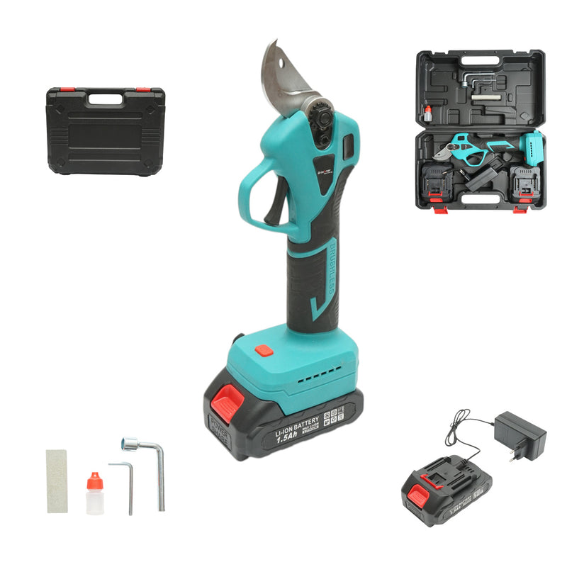 Forbici da potatura elettriche con due batterie agli ioni di litio da 21 V e 1,5 Ah, motore brushless, diametro di taglio 0–25 mm e pulsante di sicurezza. Breckner Germany