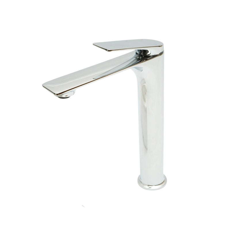 Miscelatore alto di alta qualità per lavabo da bagno in rame, con bocca lunga, design arrotondato, monocomando, finitura cromata lucida e flessibili inclusi.