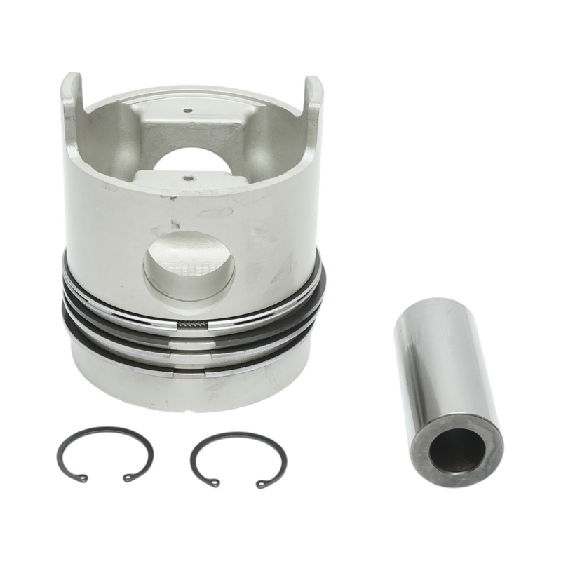 Pistone motore Ford/New Holland da 111,78 mm, completo di fasce elastiche e spinotto da 38,1 mm; compatibile con codici OEM. C7NN6108V, D2NN6108N, D4NN6108AA, S65820, S67001, 81817183, 81827181, 81846014, 83960615